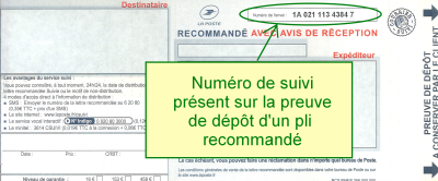 Visuel présentant le numéro de suivi présent sur une preuve de dépôt d'un pli recommandé